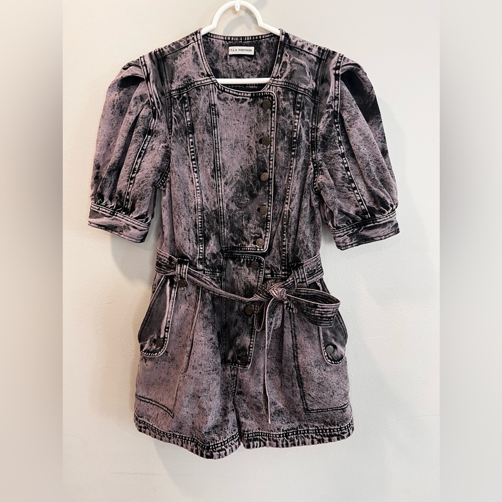 Ulla Johnson Purple Carmine Acid Denim Romper In Lilac Puff Sleeve Size 6 - Picture 4 of 7